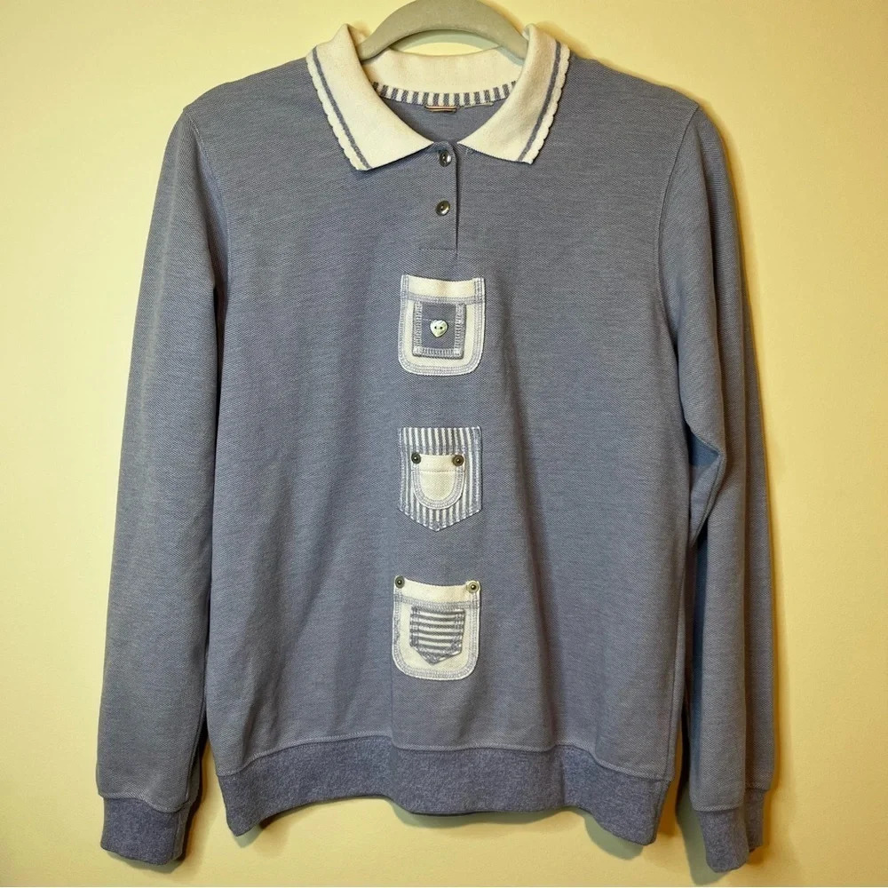 Vintage Lolita Sweet Cottagecore Kawaii Mini Pockets Hearts Buttons Blue Sweater